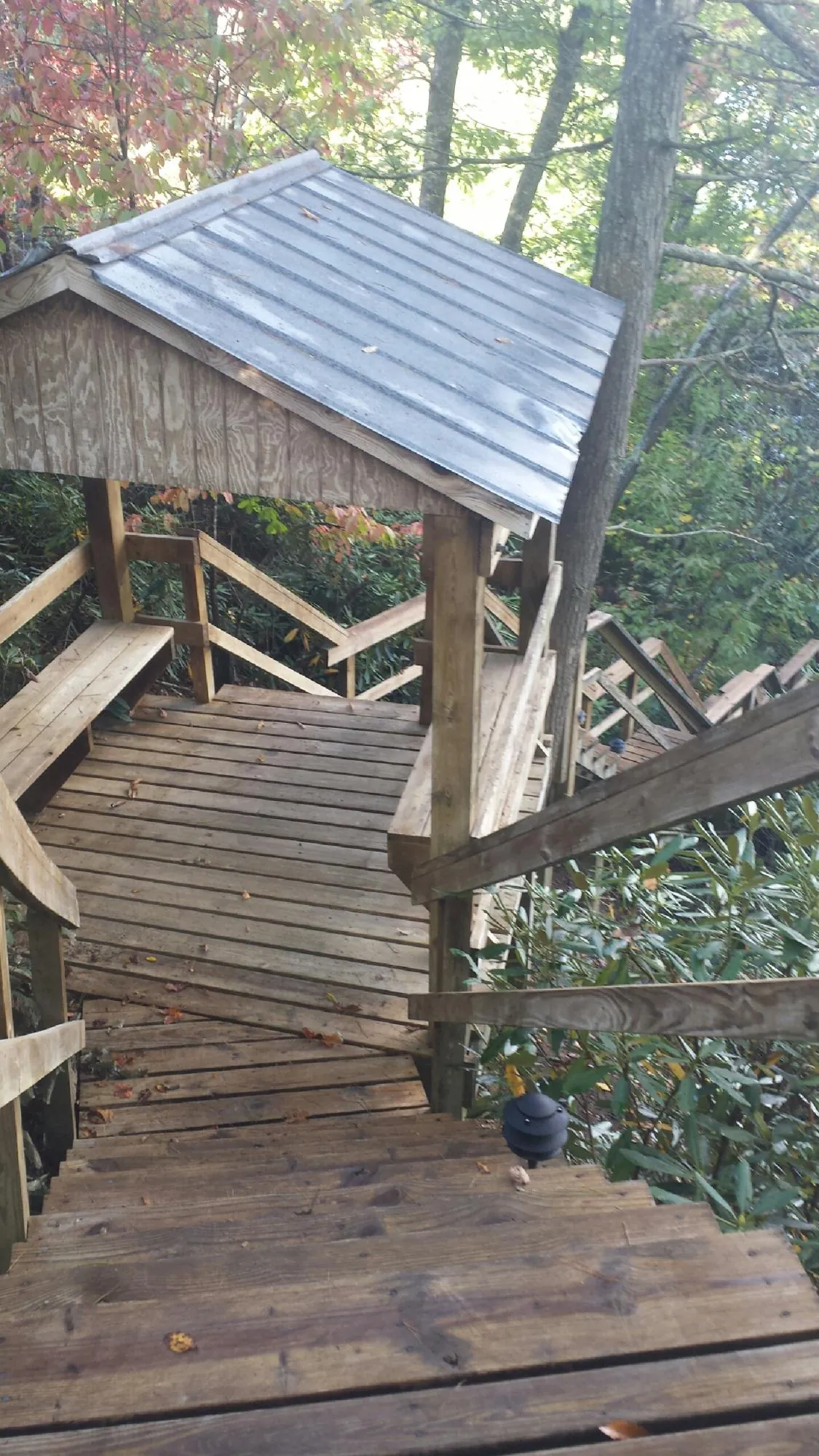 Metal roofed shelter over wooden steps on a wooded walkway — Skylight Repair & Installation work by our crew in Davenport
